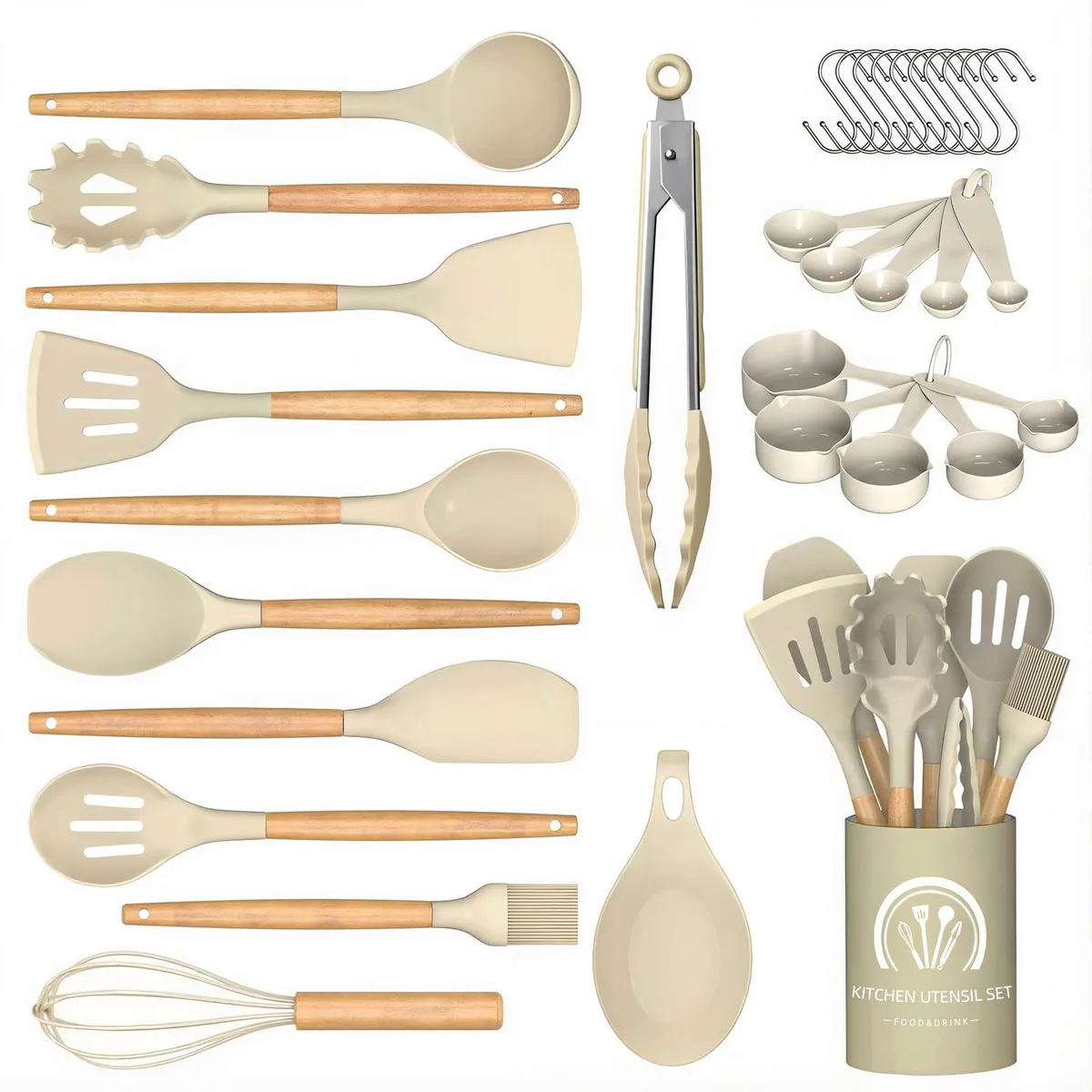 33-piece khaki silicone utensil set with wooden handles in holder