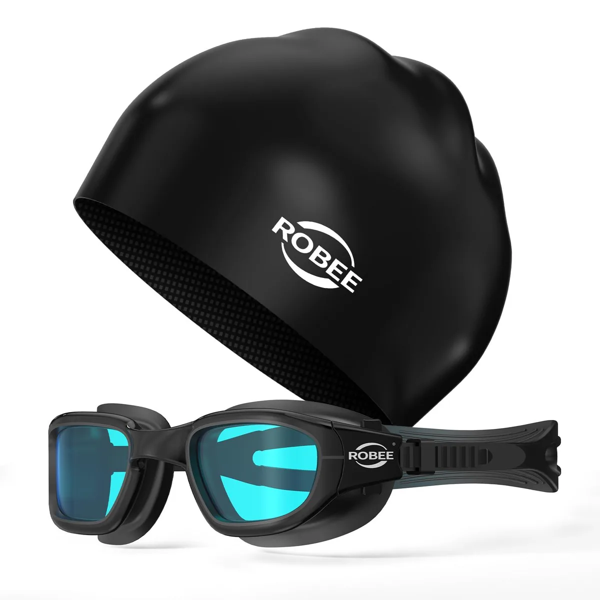 Blue sunglasses-style swim goggles with silicone cap and hard case