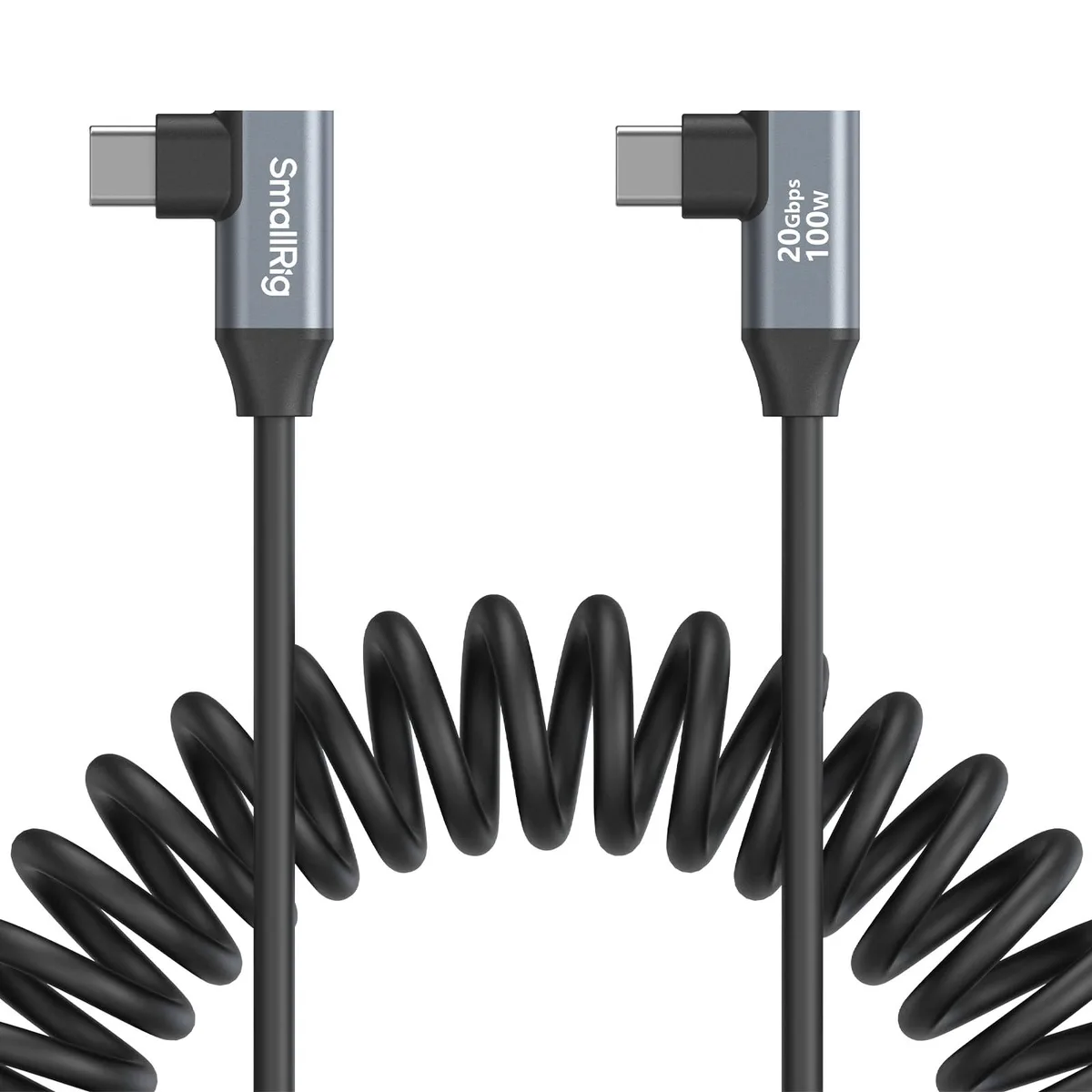Coiled USB-C to USB-C cable with 90-degree angled connectors at both ends