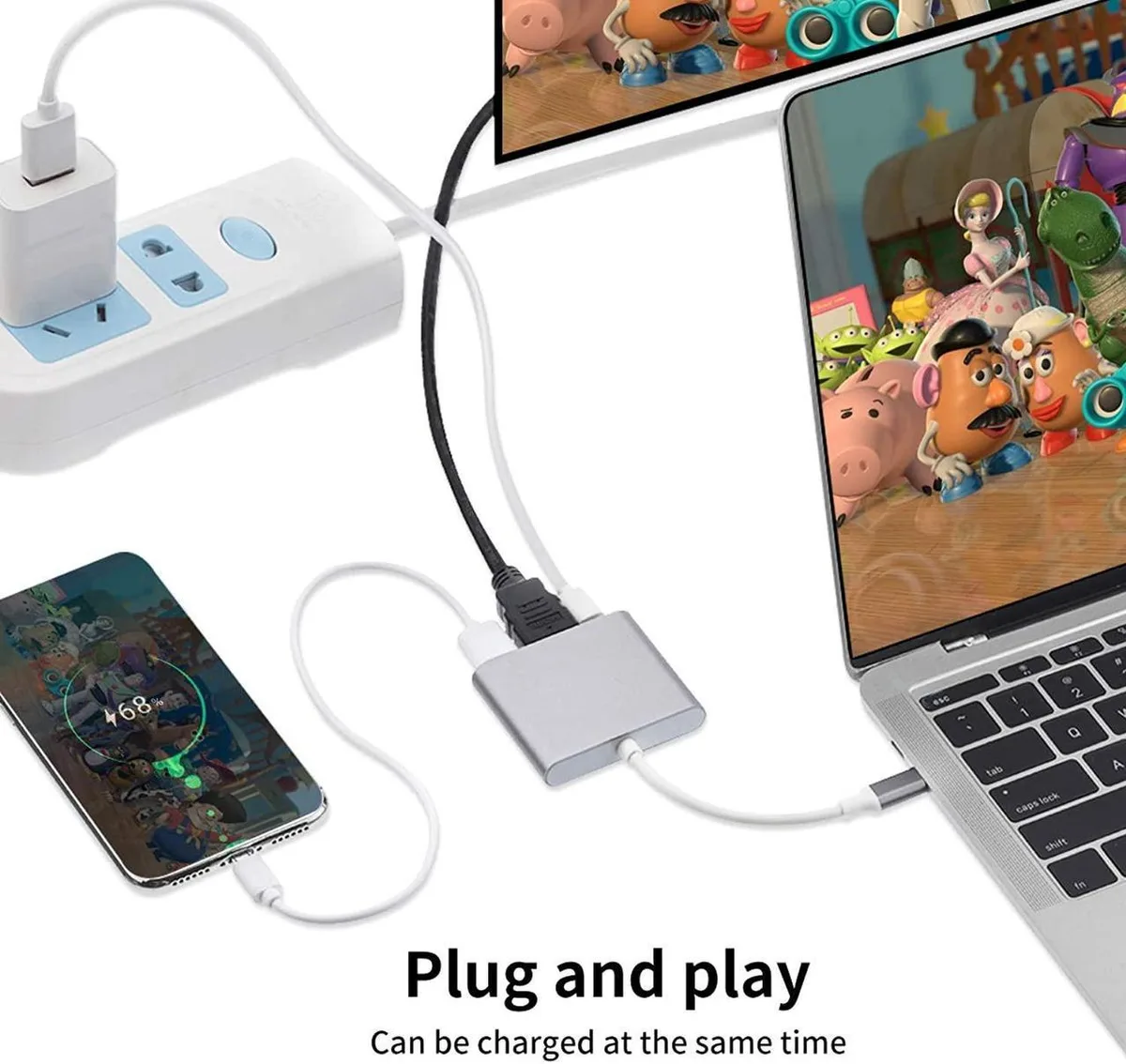 Gray rectangular USB-C adapter with HDMI and USB-A ports