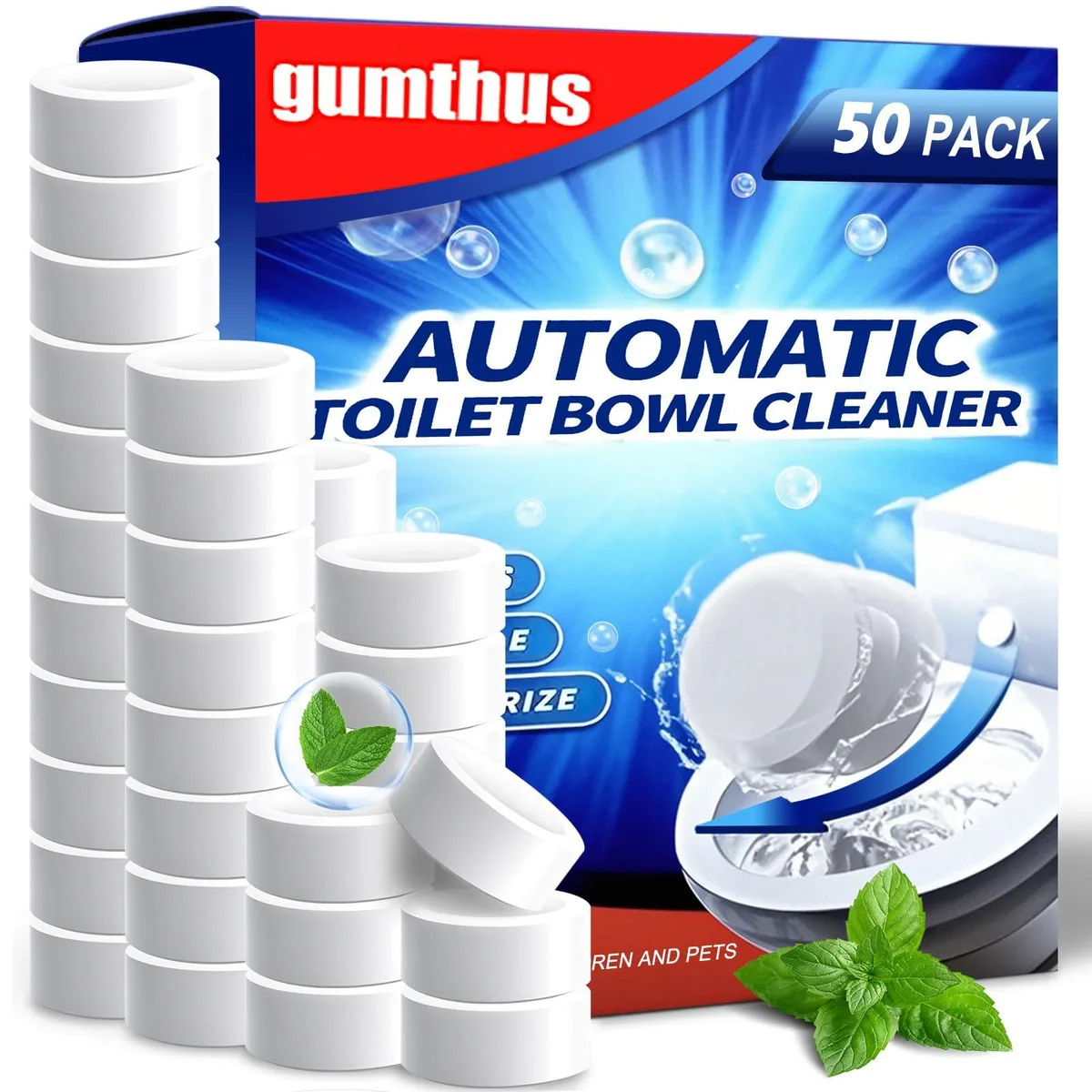 White toilet bowl cleaner tablets in a 50-count pack