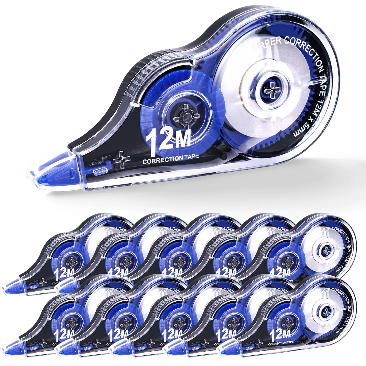 Ten blue correction tape rollers in plastic dispensers with removable caps