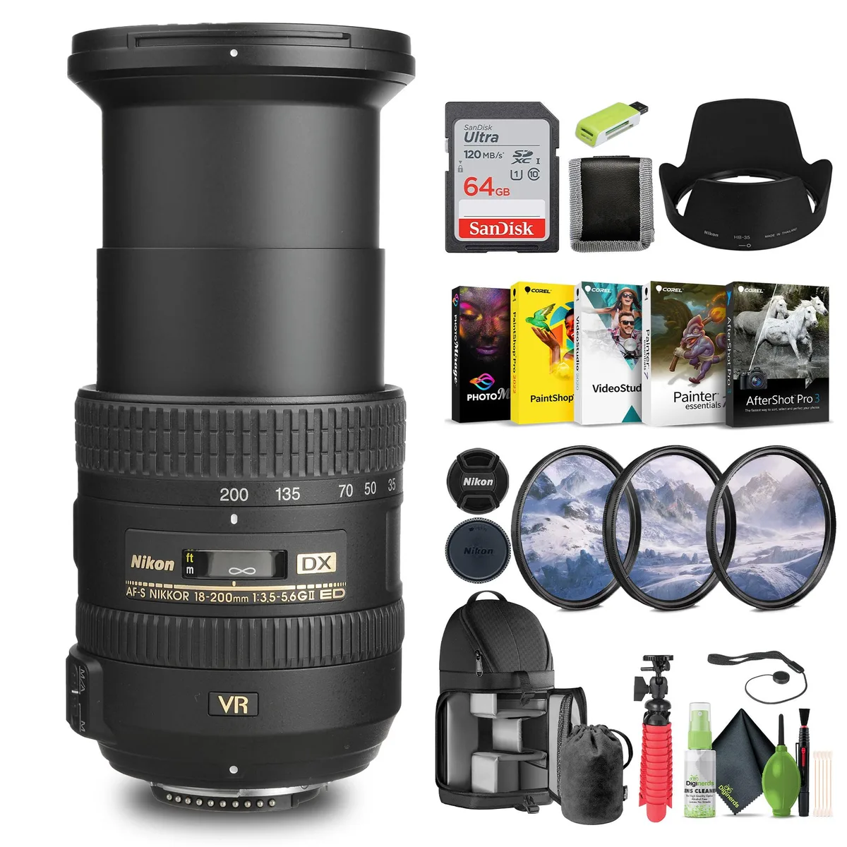 Nikon Inc Nikon AF-S DX NIKKOR 18-200mm f/3.5-5.6G ED VR II Lens 64GB Bundle — product photo