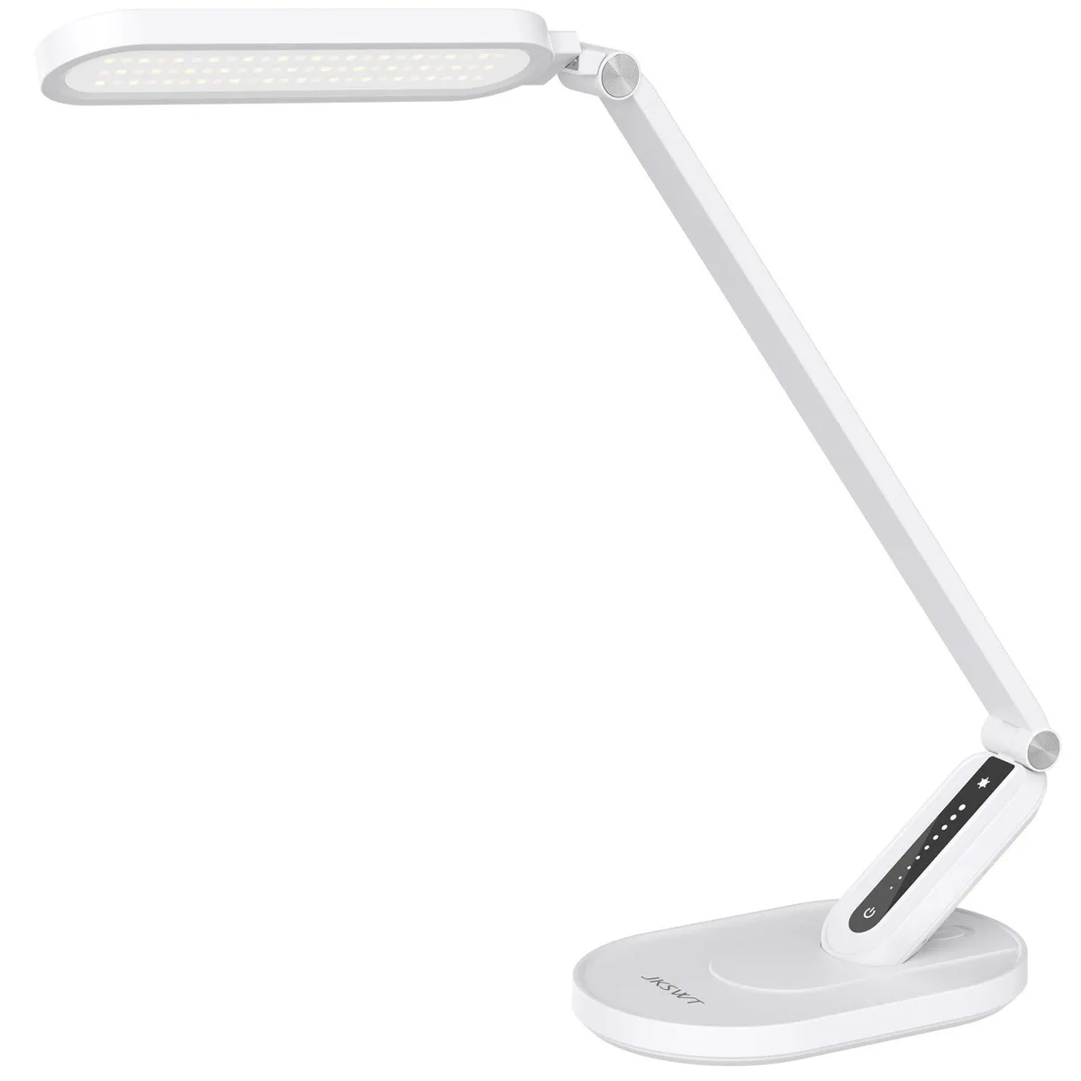 Rectangular desk lamp with adjustable metal arm and head, USB port on base