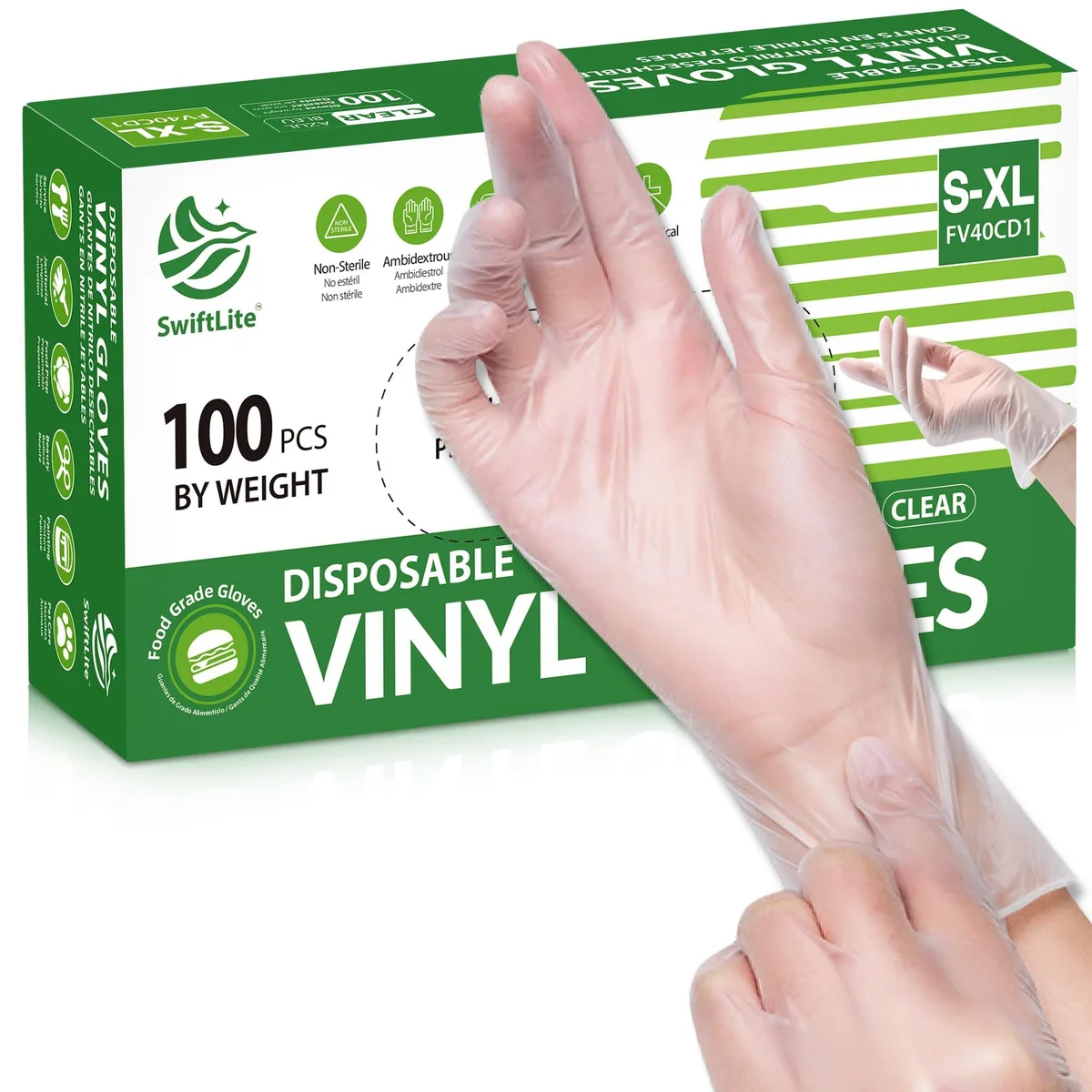 Clear vinyl gloves in a box, medium size, 100 count