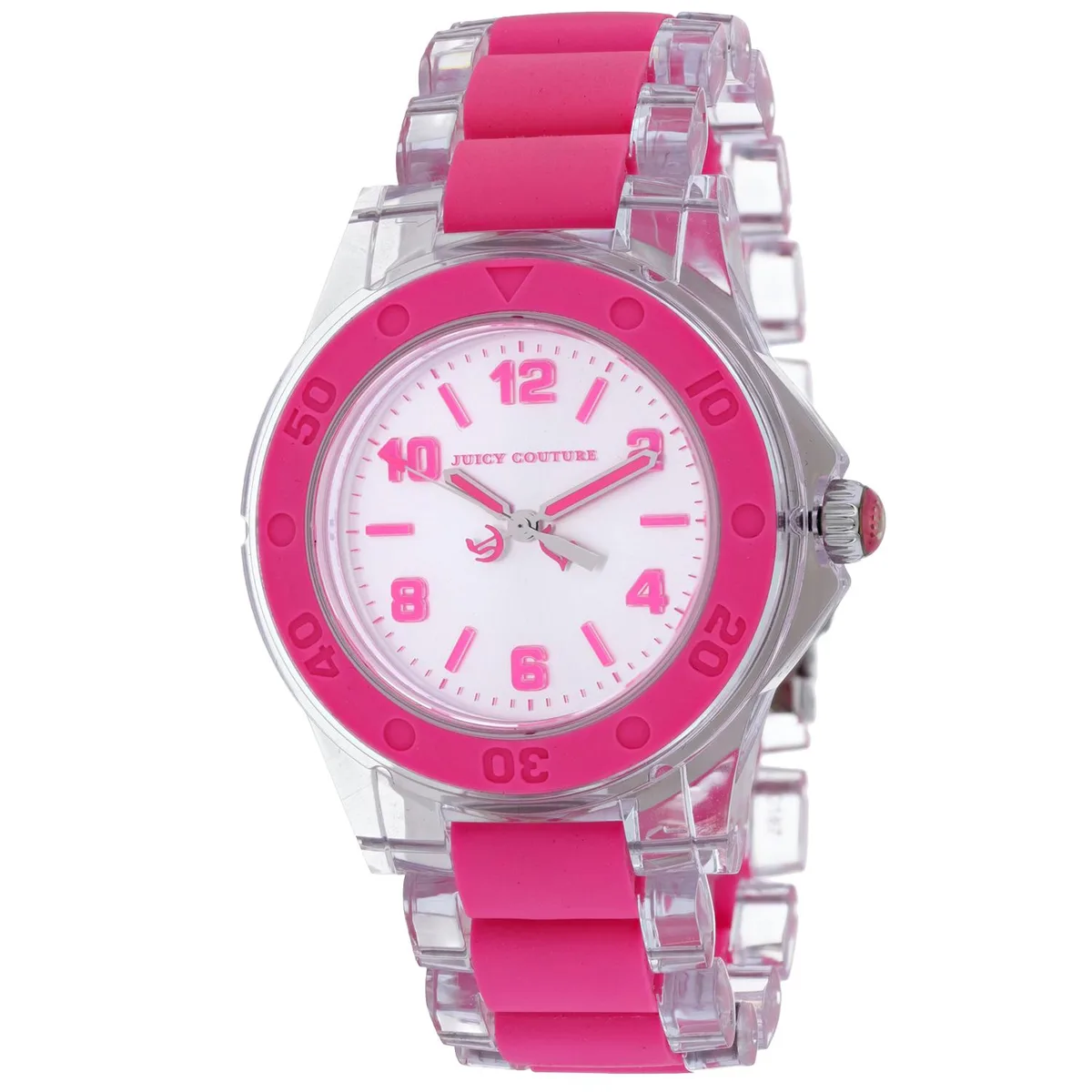 Silver dial watch with plastic case and bracelet, quartz movement