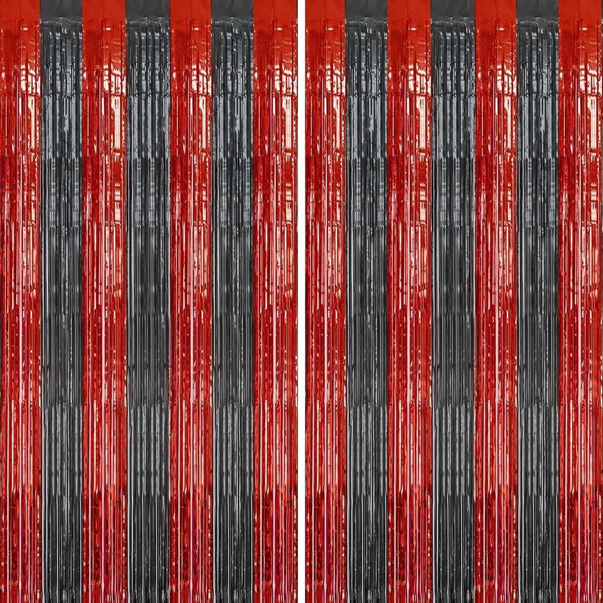 Two red and black foil fringe curtains, shiny metallic tinsel strips, each 3.3 by 6.6 feet, packed as a pair