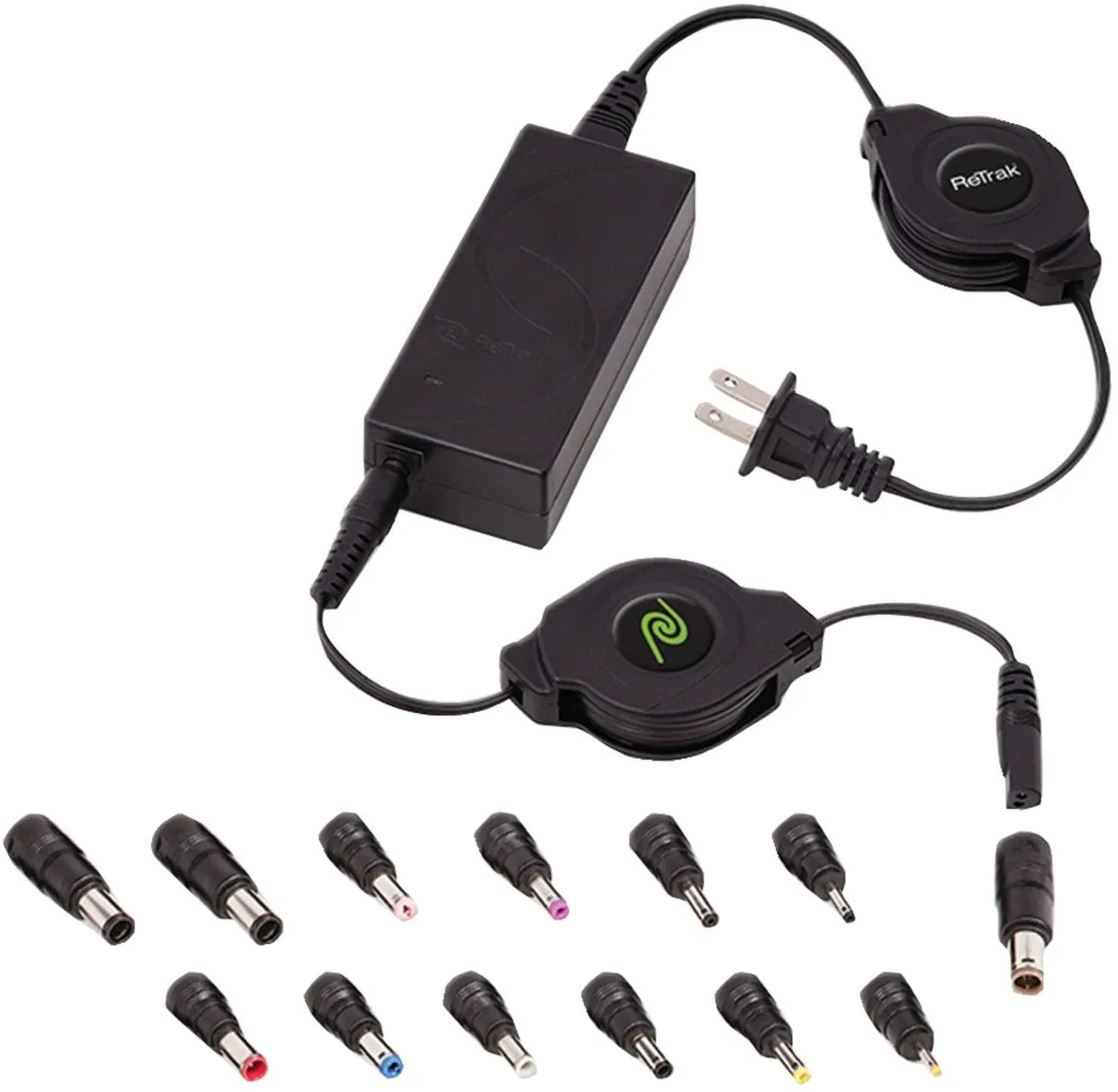 Black retractable universal charger with 10 tips extended to 9.5ft