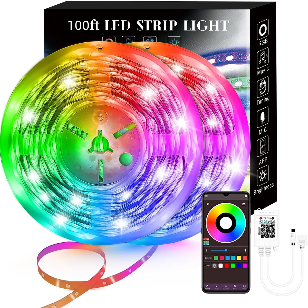 Coiled white LED strip kit, 100 ft reel with remote and power adapter