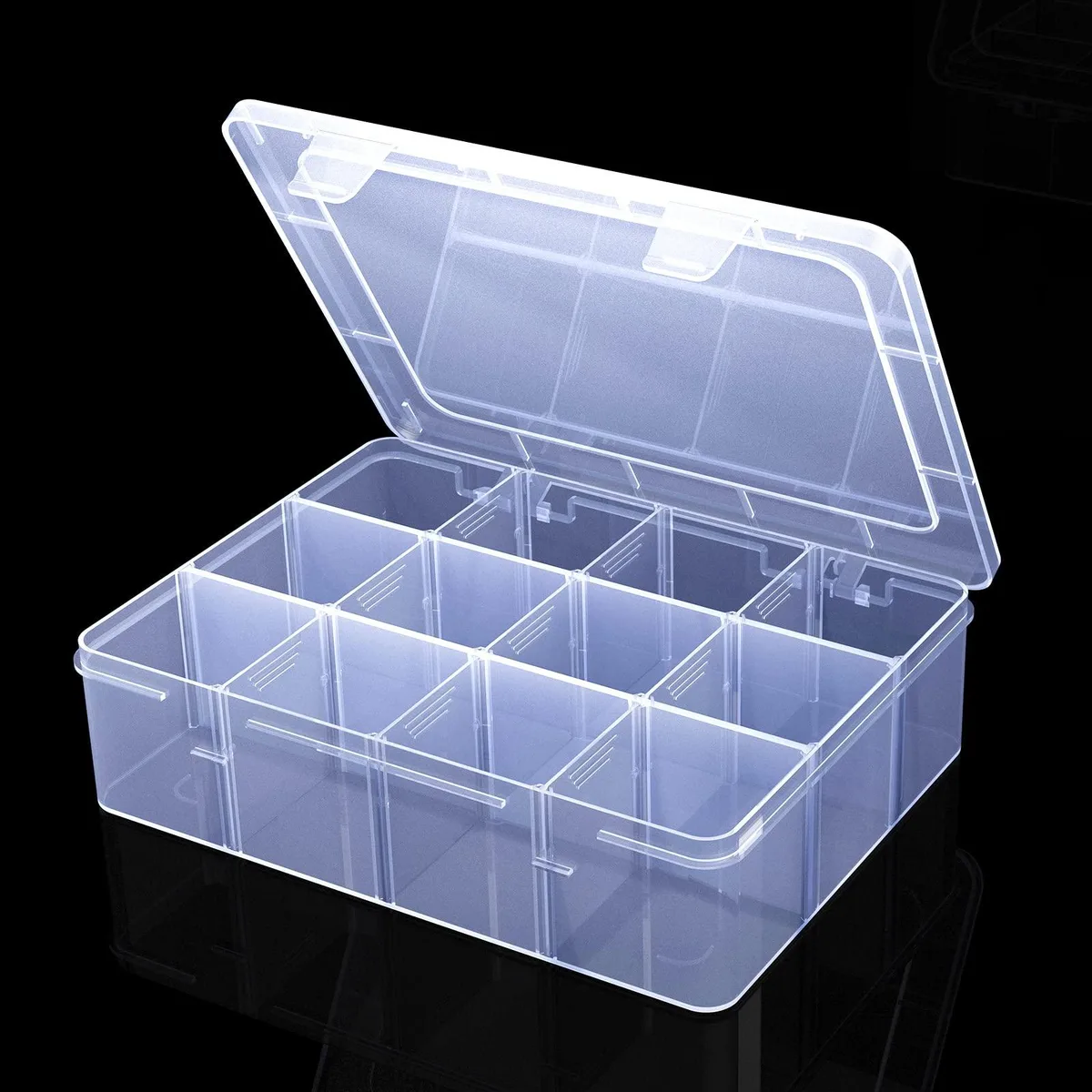 Clear plastic box with twelve adjustable compartments and snap-shut lid