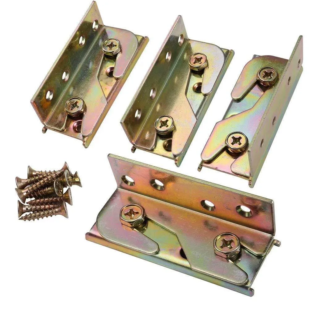Four galvanised steel bed rail brackets and screws in a box
