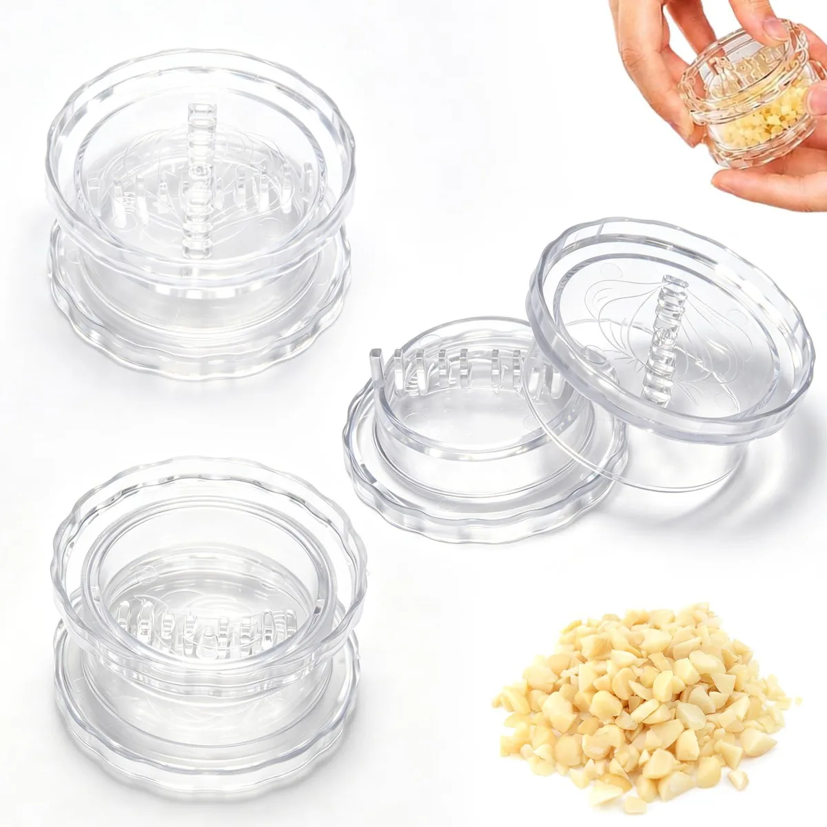 Three transparent plastic garlic twisters, compact round containers with twist-press mechanism and detachable parts