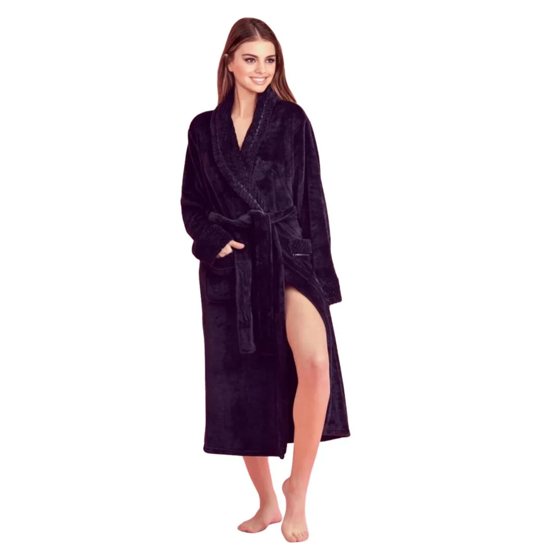 Black plush fleece bathrobe with shawl collar and front pockets