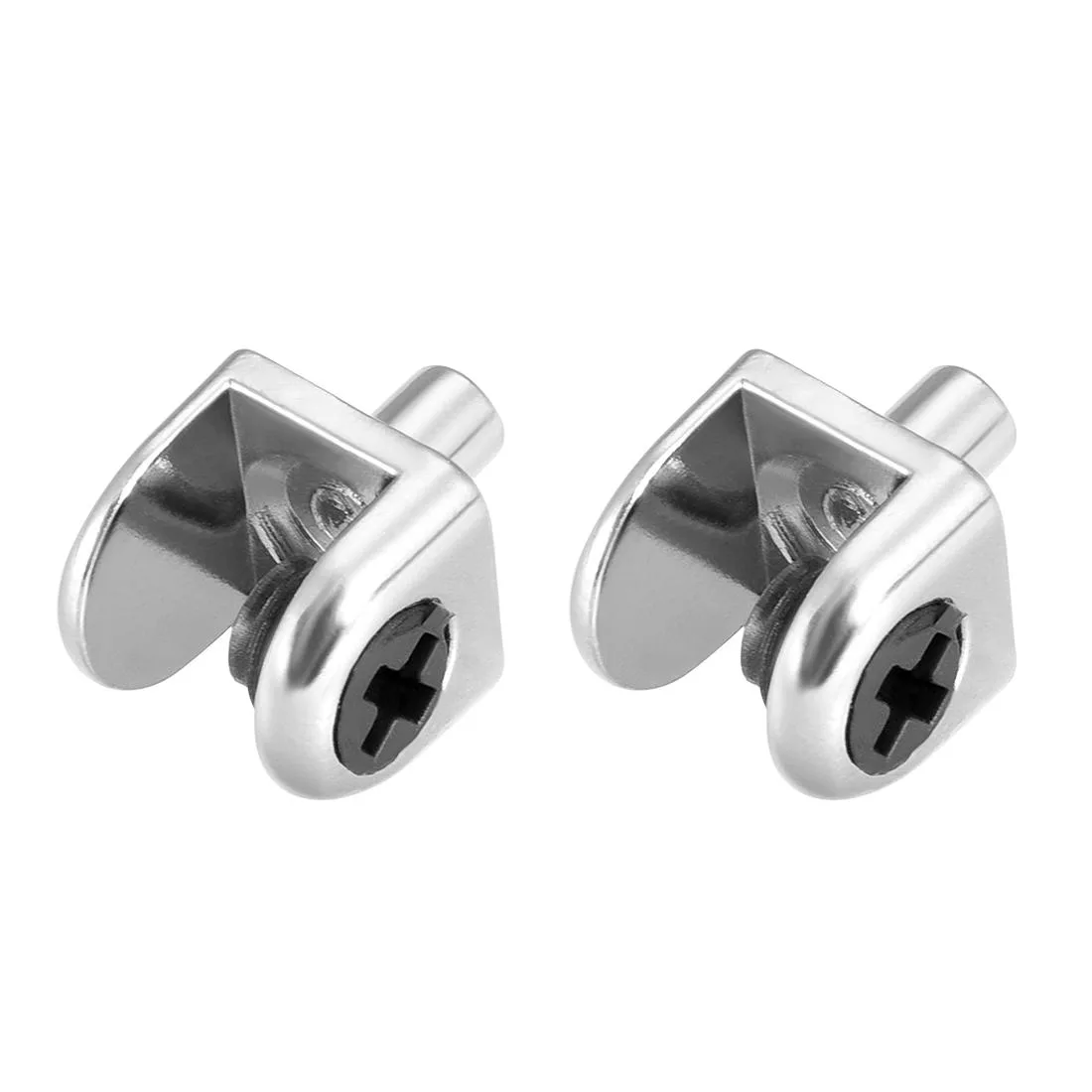 Two silver zinc-alloy glass shelf brackets with adjustable clamp shafts for 5-8mm shelves