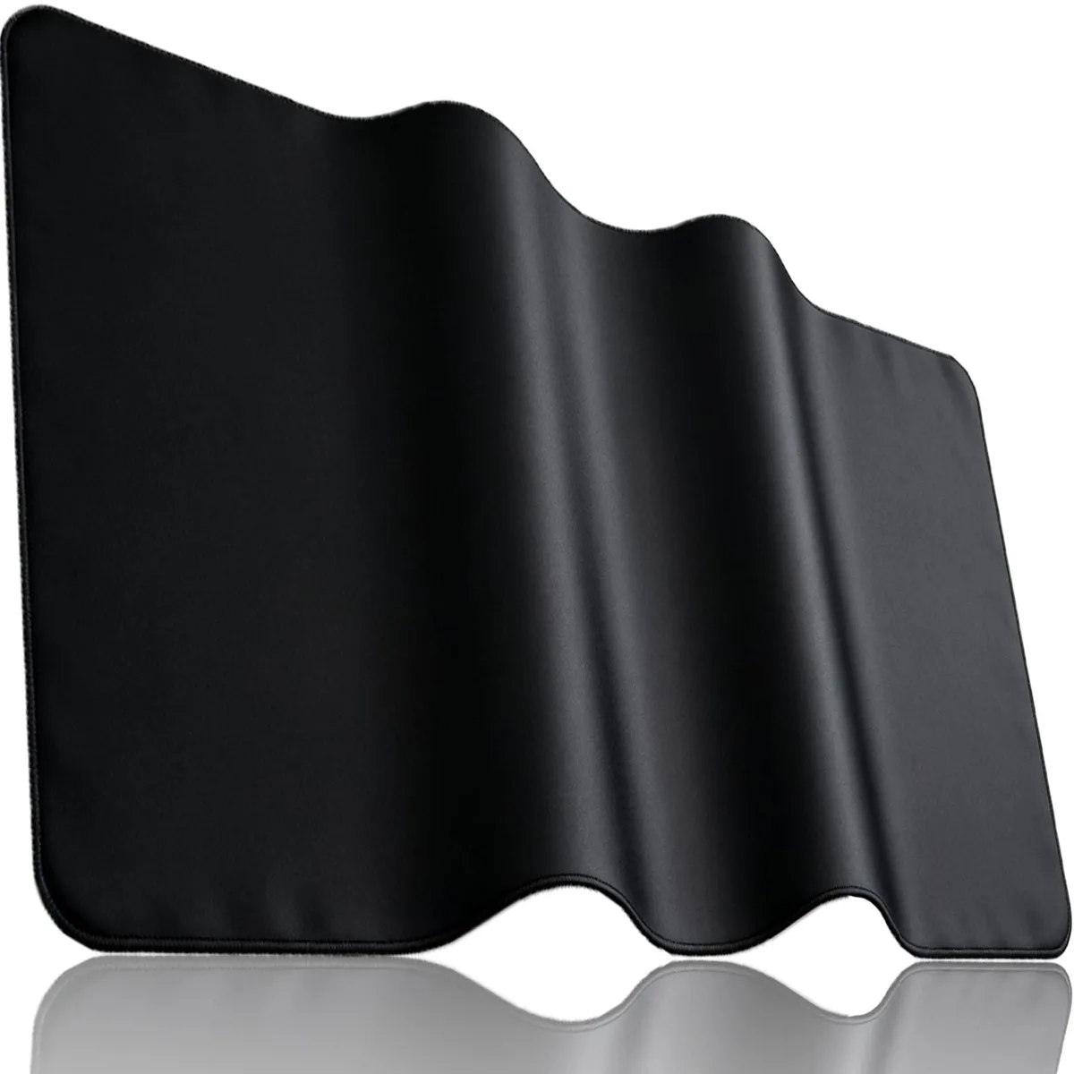 Black rectangular desk mat with stitched edges, smooth fabric surface and rubber base