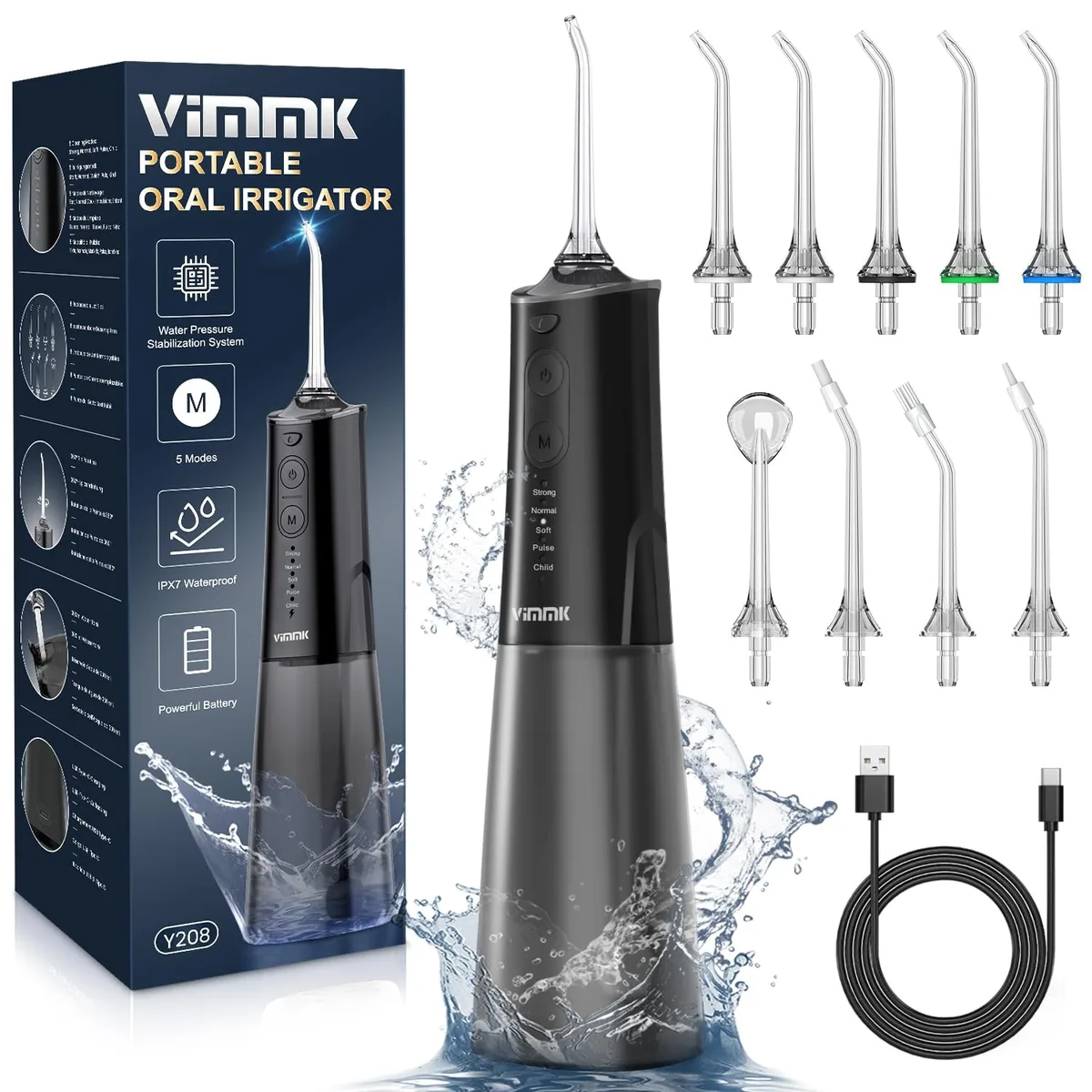 Black cordless water flosser with detachable 300 ml tank and multiple jet tips