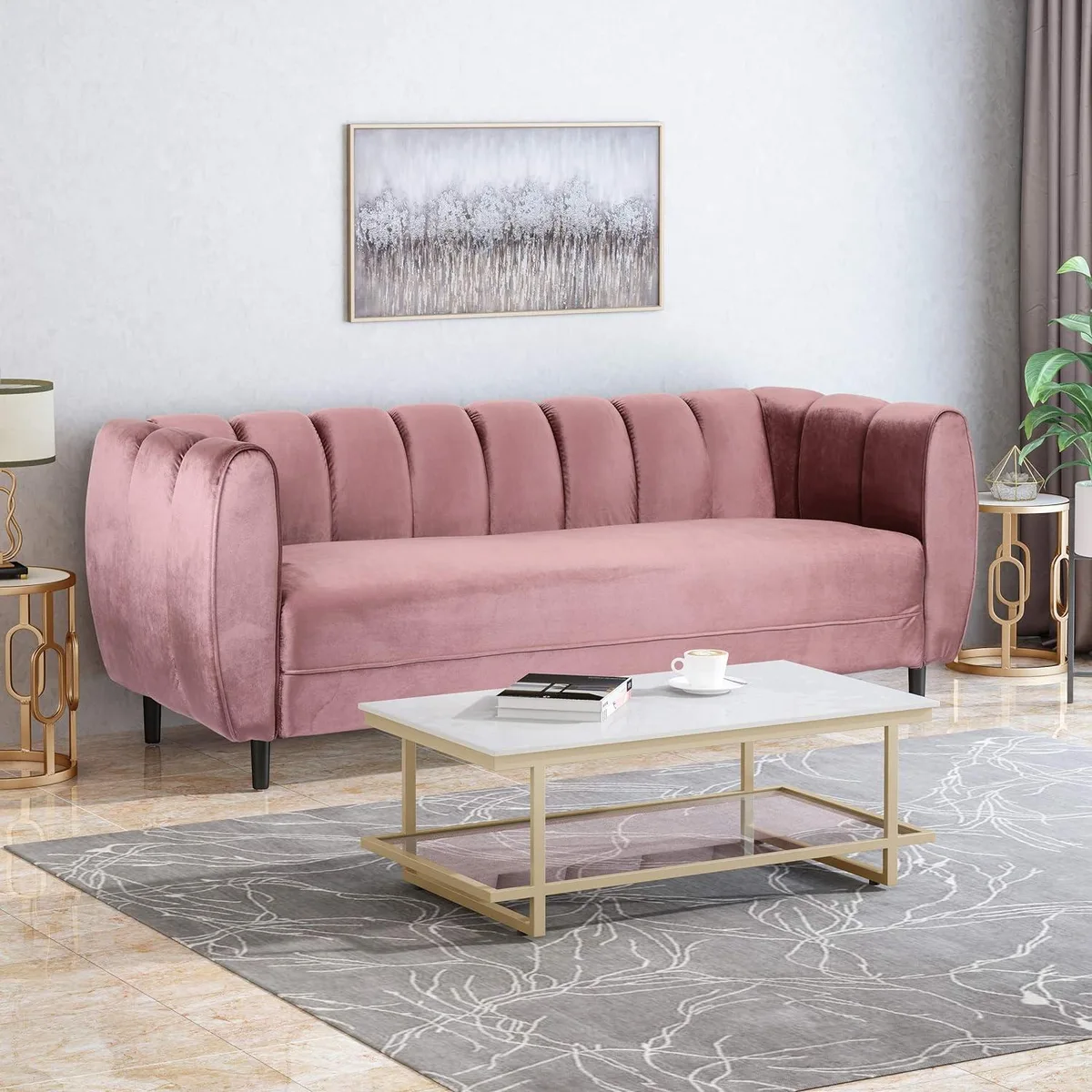 Three-seater blush velvet sofa with channel stitching, tonal piping and tapered birch legs