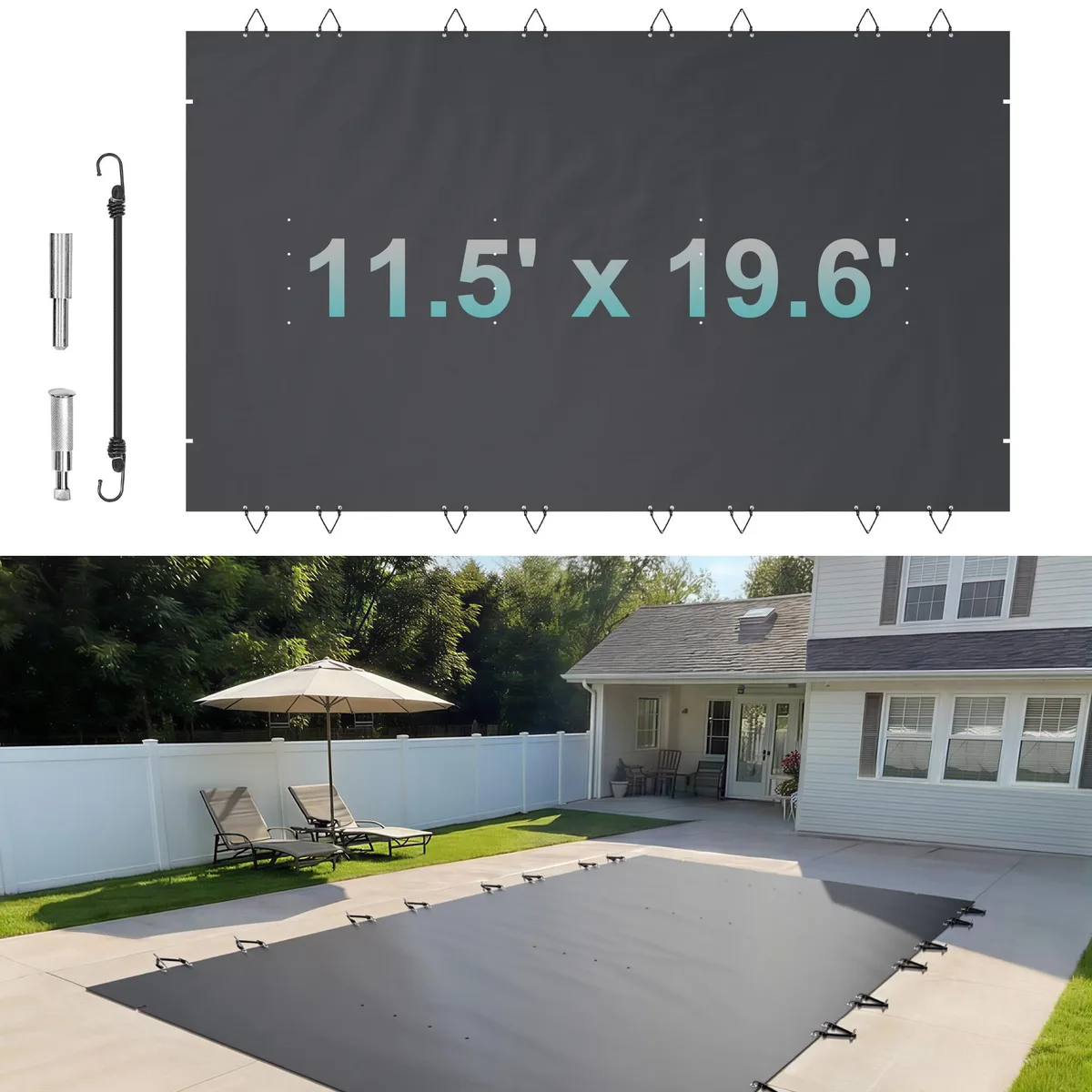 Dark grey rectangular PVC pool cover with drainage holes and stainless steel ground bolts