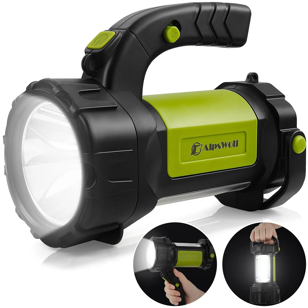 Green cylindrical lantern flashlight with top handle and strap