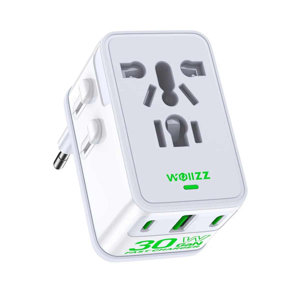 White compact travel adapter with foldable pins and four ports visible