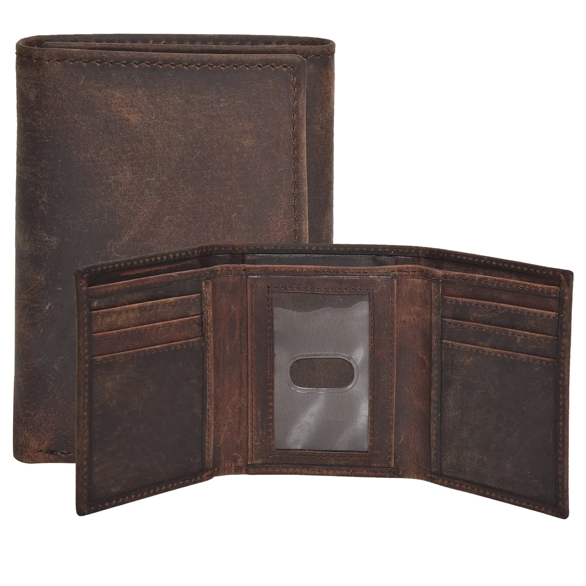 Brown leather trifold wallet with RFID protection