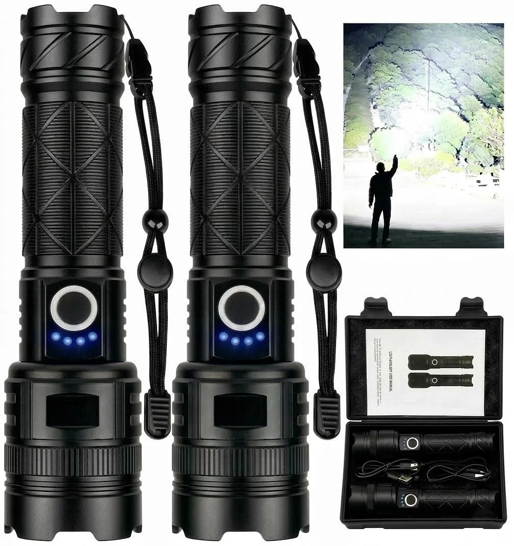Two cylindrical aluminium flashlights with adjustable focus and power indicators