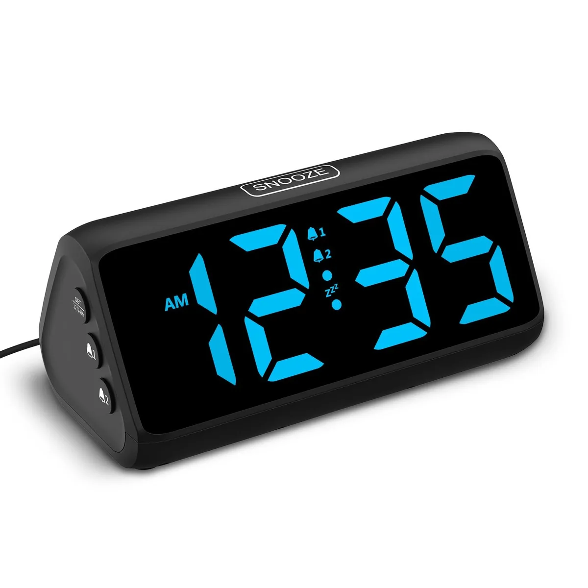 Rectangular black-blue digital clock with large blue digits and top snooze button
