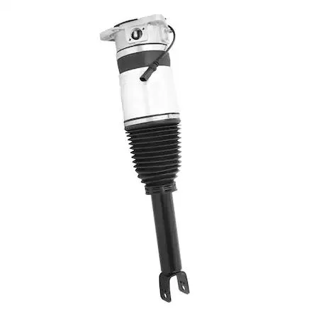 Unity front left electronic air strut assembly, silver metal cylinder with black accordion bellows and electrical connector