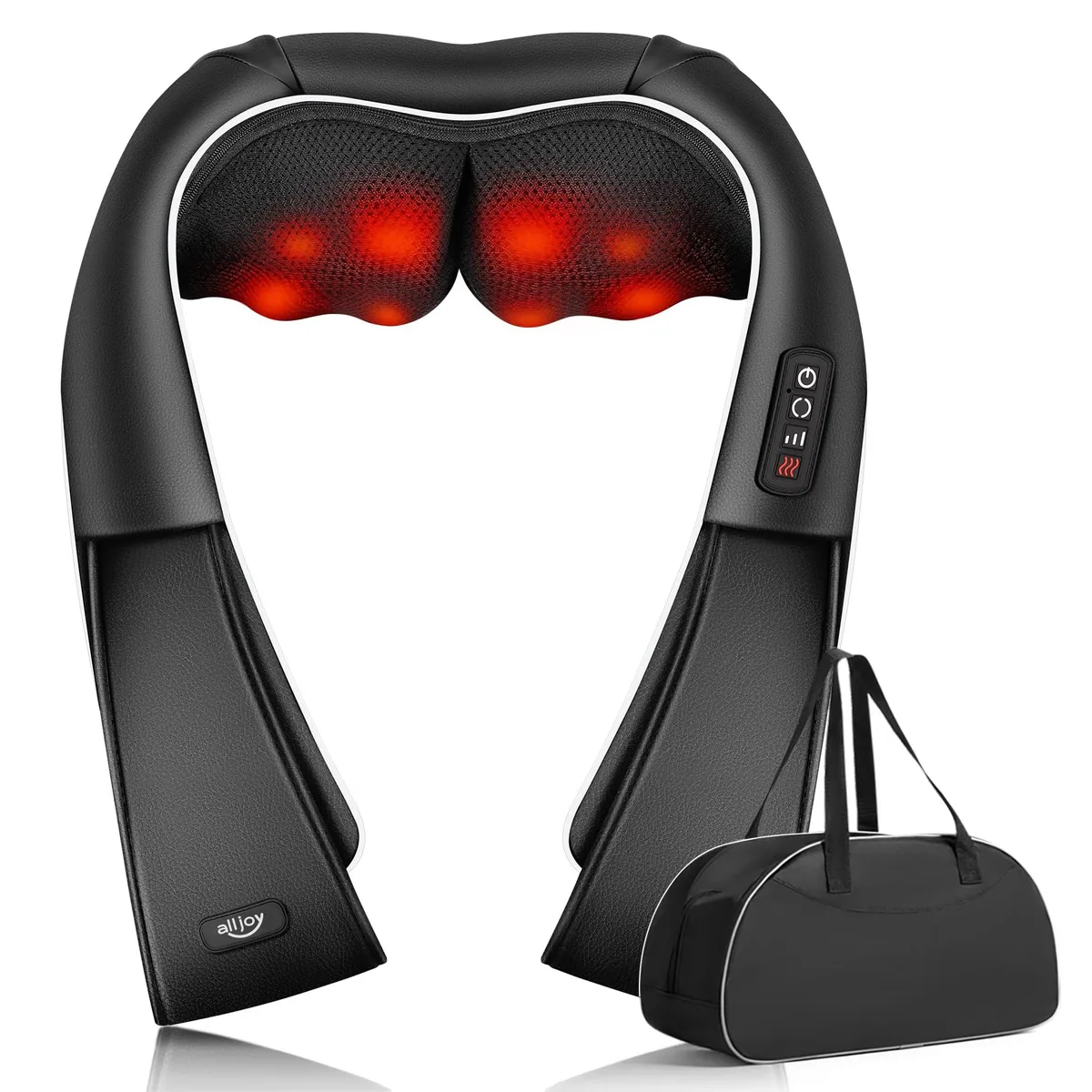 Black U-shaped neck massager with faux leather finish and mesh-covered kneading nodes, corded control panel visible