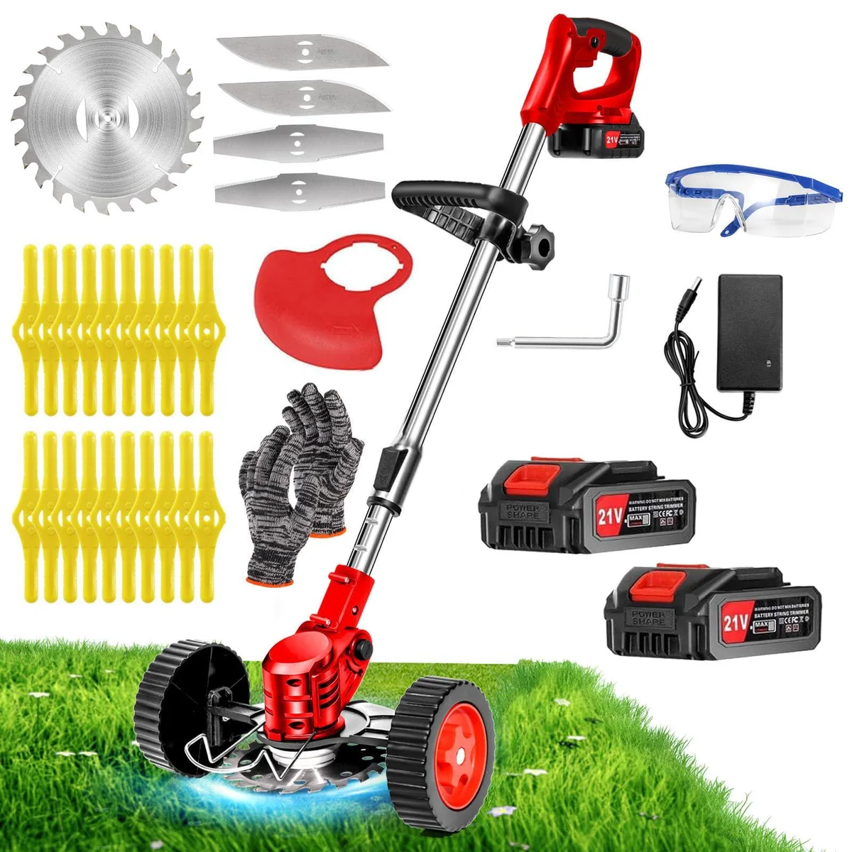 Cordless grass trimmer with wheels and three blades, 21V battery power