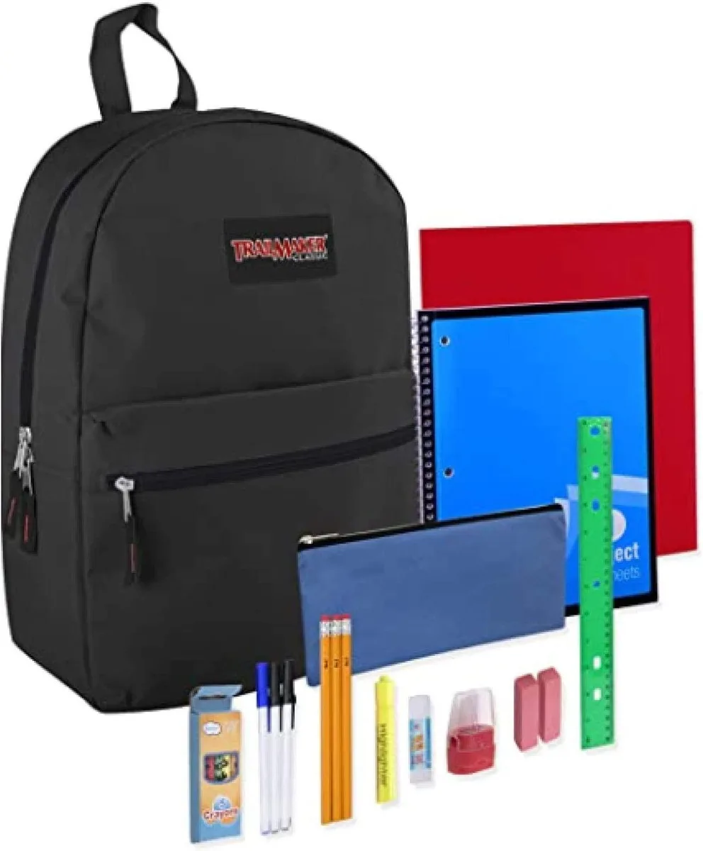 Black 17-inch nylon backpack with zipper and padded straps plus 20-piece school supply kit