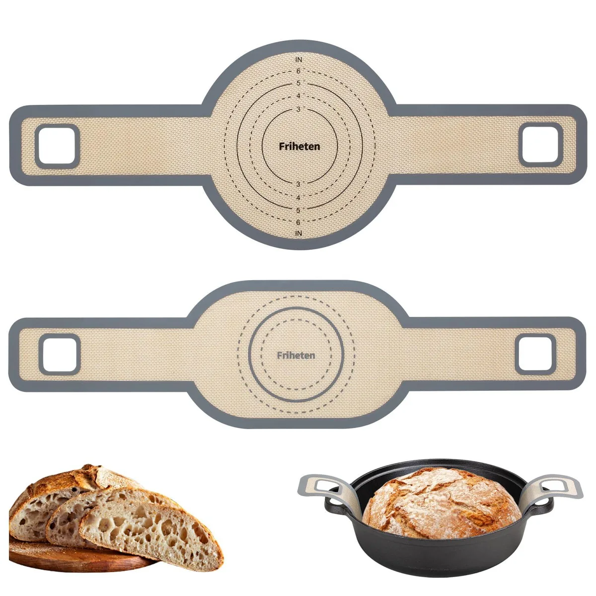 Two gray silicone bread slings with long handles, one oval one round
