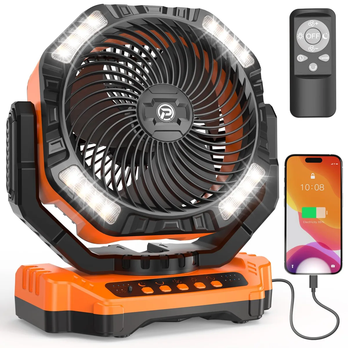 Orange portable fan with silver metal blades, remote, hook and carry handle