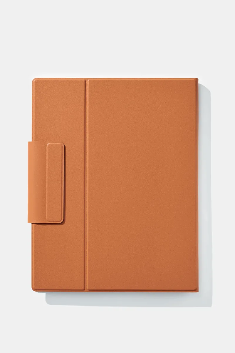 Orange vegan leather magnetic cover for 10.3 inch device with removable pen loop flap
