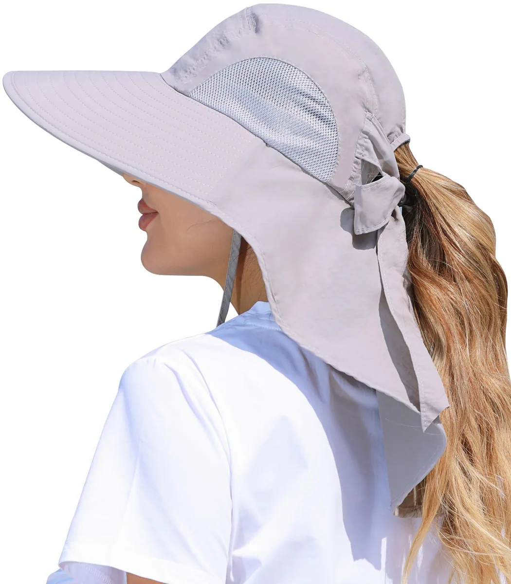  SENWAI Sun Hat Light Gray UPF 50+ 4.9in Brim 9.8in Neck Flap Ponytail Hole — product photo