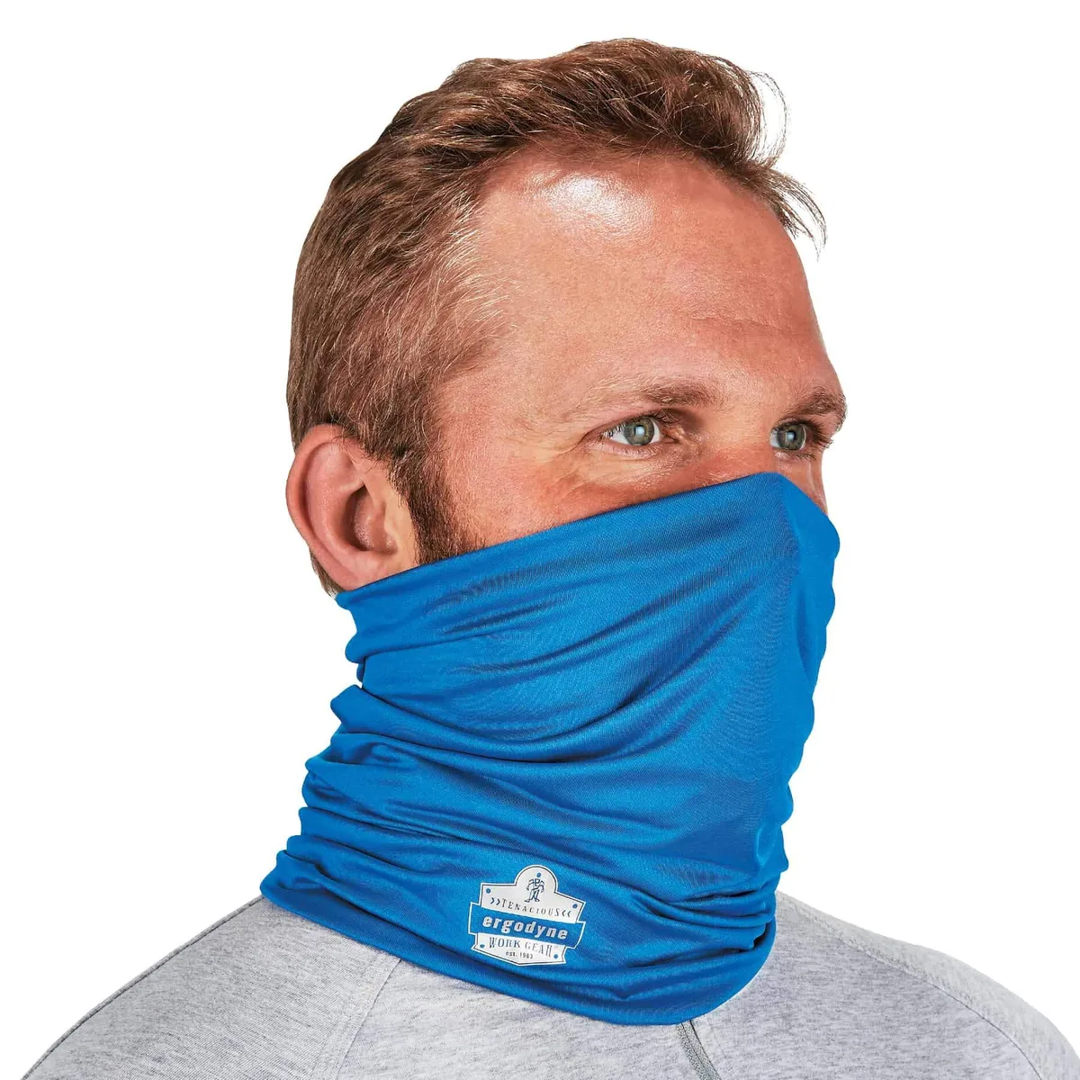 Blue stretch-knit neck gaiter with reflective trim
