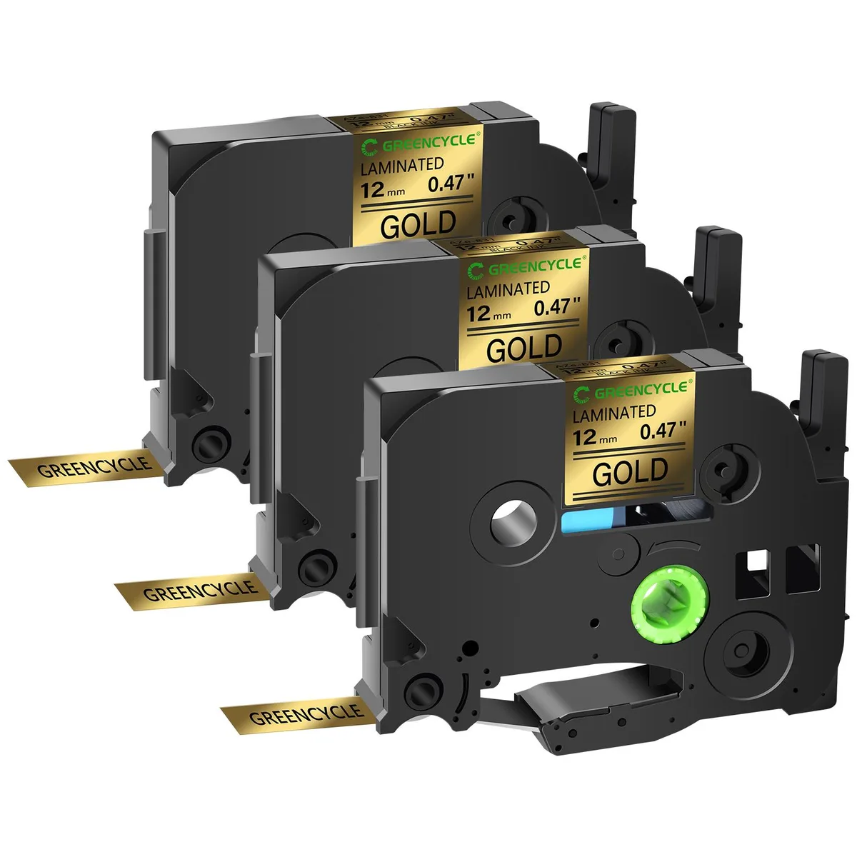 GREENCYCLE GREENCYCLE TZe-831 12mm 26.2ft Black on Gold labelmaker tape 3 pack — product photo