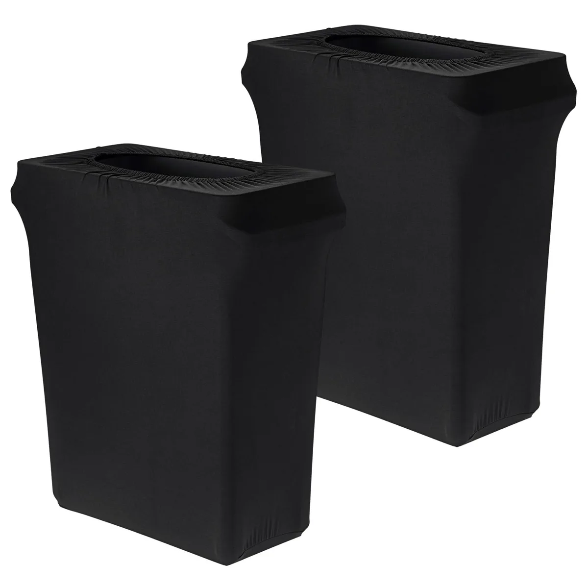 Two black spandex trash can covers, rectangular, folded flat