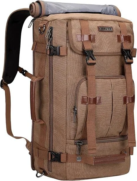 Brown canvas travel backpack with leather trim, convertible straps, laptop compartment visible