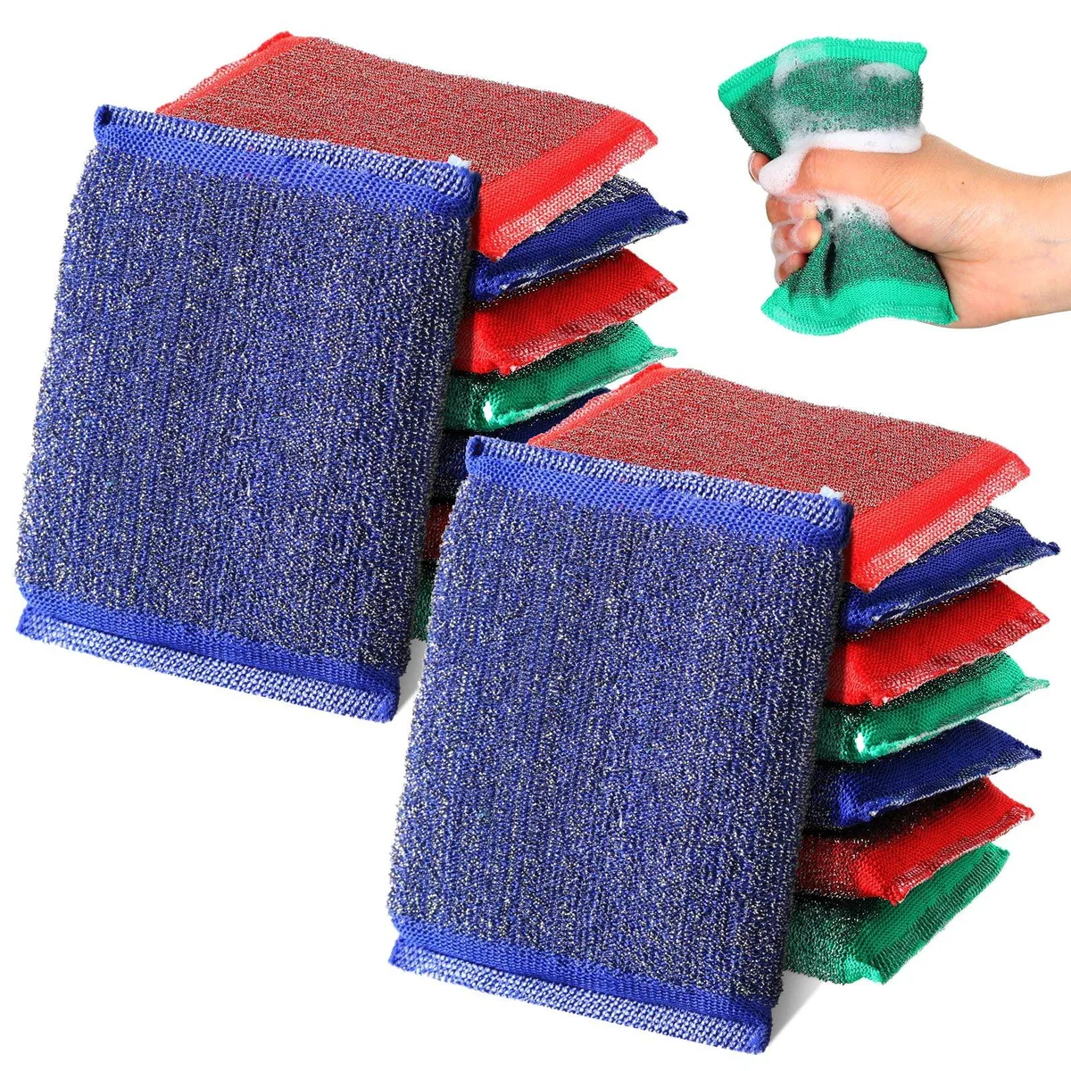 Sixteen rectangular steel-wool sponges, assorted colours, stacked together
