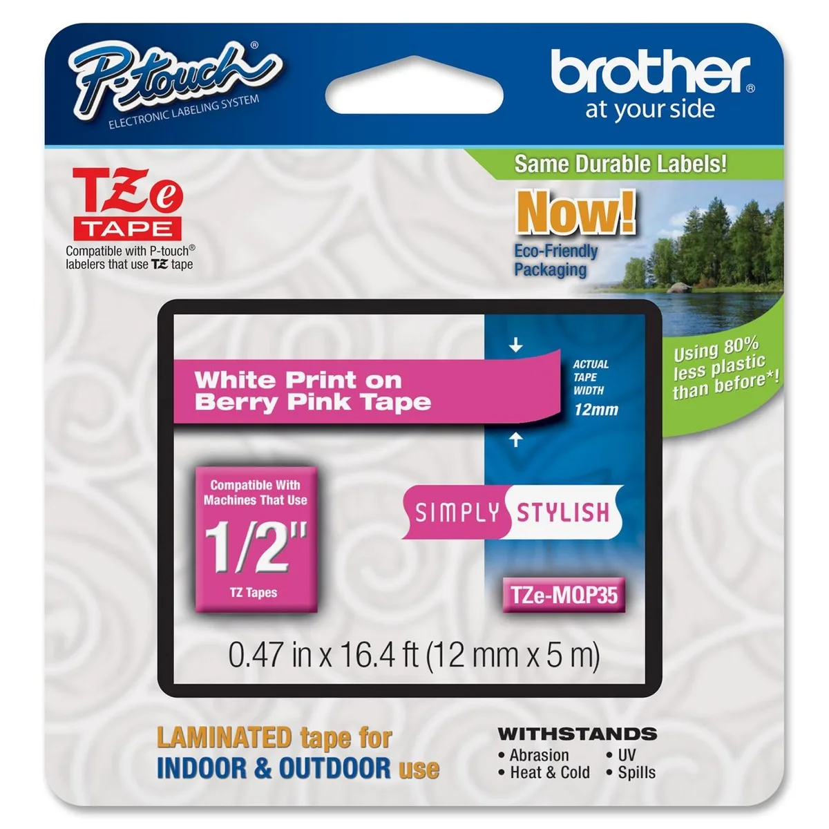 Brother Brother TZEMQP35 12 mm White on Berry Pink tape pos accessory — product photo