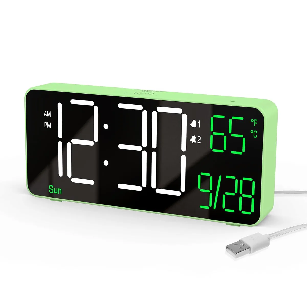 Rectangular green LED desk clock, 6.7 inch display showing white and green digits