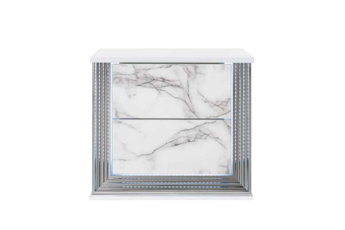 White marble nightstand with LED lighting, chrome accents, high-gloss finish