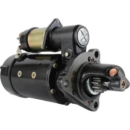Silver cylindrical starter motor with mounting flange and electrical terminal visible