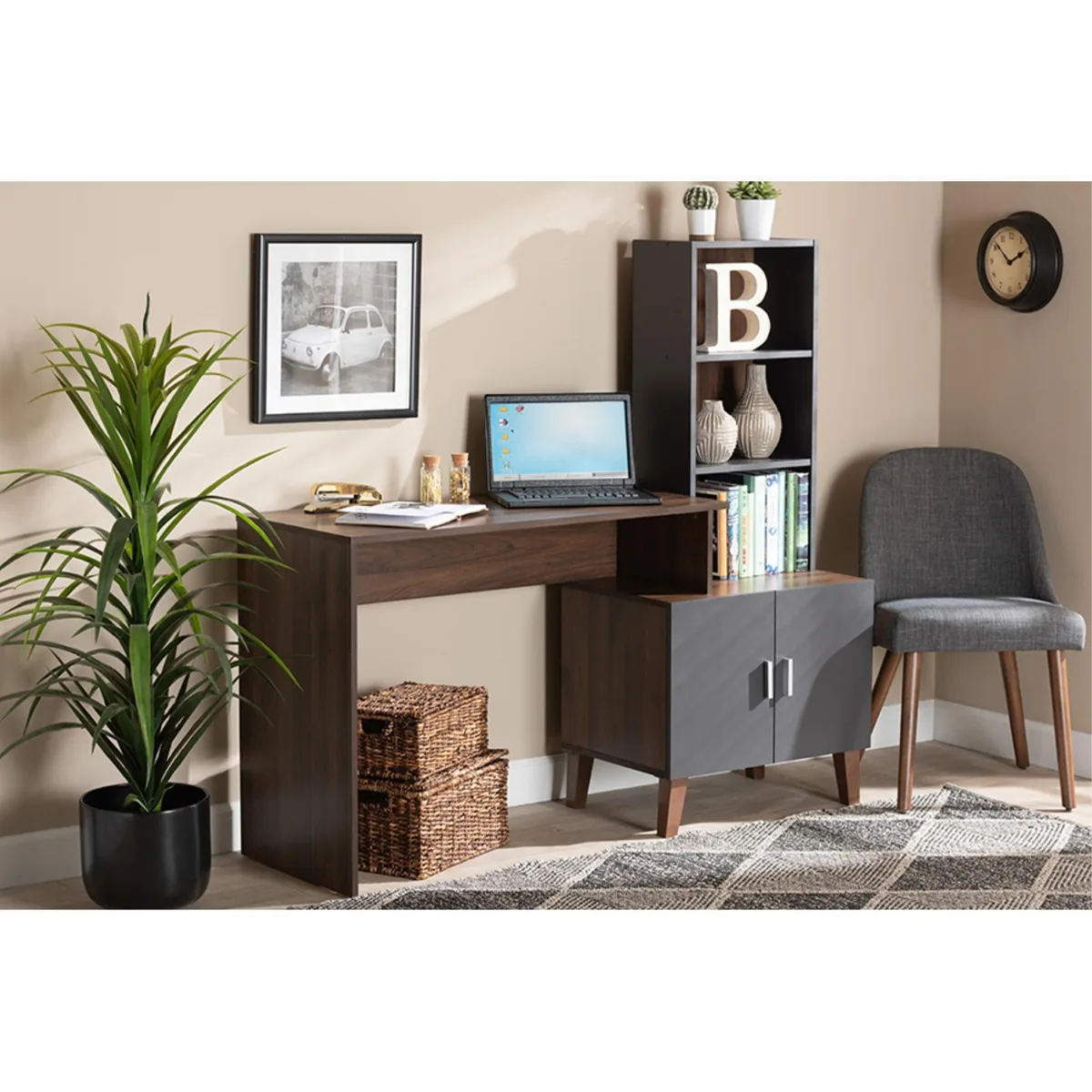 Baxton Studio Baxton Studio Jaeger Two-Tone Walnut Brown &amp; Dark Grey Desk with Shelves — product photo