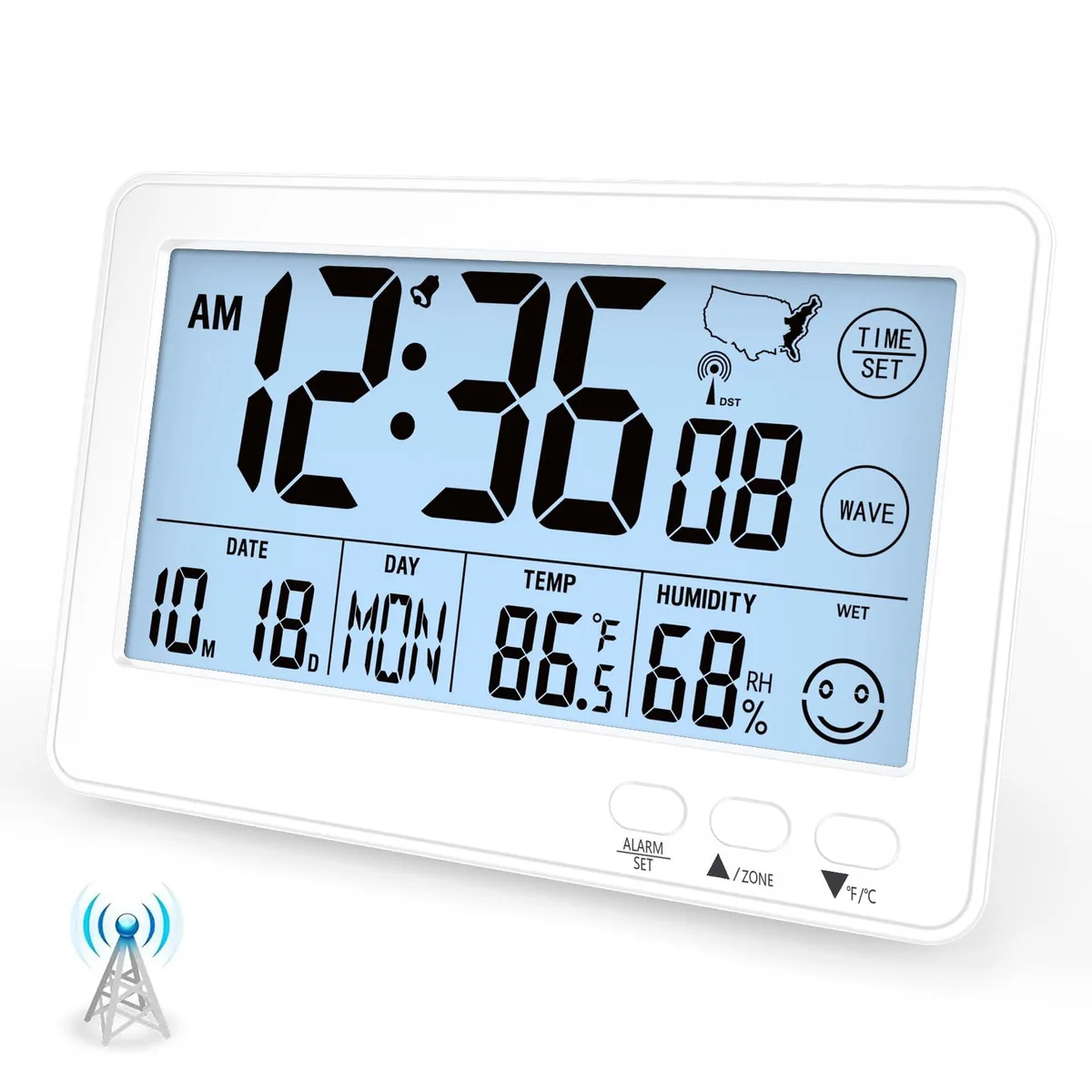 Small white rectangular digital desk clock with display
