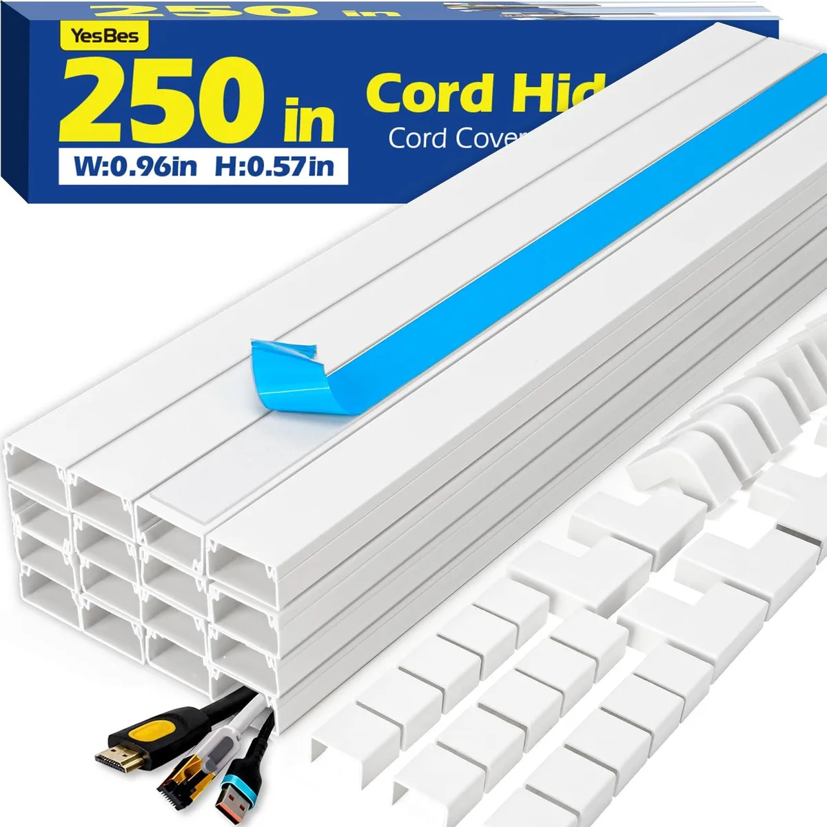 White plastic cord cover kit with 16 straight channels and assorted corner fittings