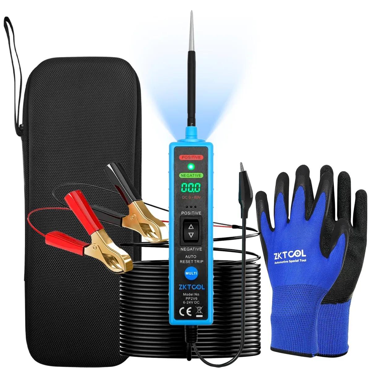 Handheld automotive electrical tester with digital LED display and probe tip