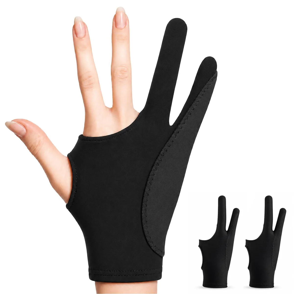 Two black medium drawing gloves with two-finger cutouts, smooth Lycra fabric, ambidextrous design