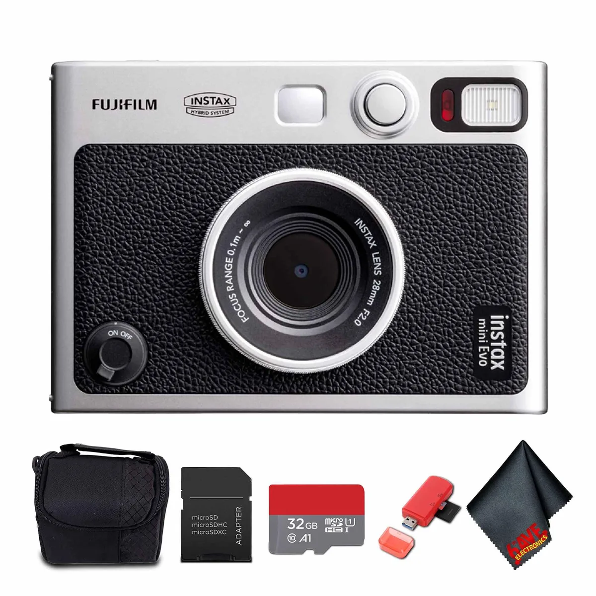 FUJIFILM FUJIFILM Instax Mini EVO Hybrid Instant Film Camera (Black) with 32GB microSD Card and Adapter — product photo